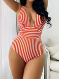 New One-piece Large V-neck Striped Backless Women's Sexy Swimsuit