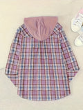 Plus Size Plaid Print Hooded Shirt, Casual Long Sleeve Button Front Shirt, Women's Plus Size Clothing