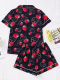 Strawberry Print Short Sleeve Pajama Set for Women - Soft Micro Elasticity Polyester Fabric, Cute Lapel Collar, Random Printing, Machine Washable, All-Season Sleepwear - Comfortable and Adorable Fruit Patterned PJs for a Relaxing Nights Sleep