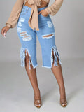 High-Stretch Womens Bermuda Denim Midi Shorts - Distressed Raw Fringe Hem, Ripped Split Details, Fashionable Summer Jeans Wear with Tassel Accents - Solid Color, No Printing, Casual Style, Woven Fabric