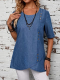 Plain Washed Blue Single-breasted Decor Short Sleeve Asymmetric Hem Elegant Denim Top, Women's Denim Jeans & Clothing