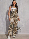 Women's Camouflage Print Denim Overalls, Fashion Denim Jumpsuit With Pockets, Sleeveless, Casual Style