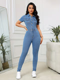 Plain Washed Blue Skinny Fit Short Sleeve Single-breasted Denim Overalls Jumpsuit, Women's Denim Jeans & Clothing