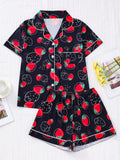 Strawberry Print Short Sleeve Pajama Set for Women - Soft Micro Elasticity Polyester Fabric, Cute Lapel Collar, Random Printing, Machine Washable, All-Season Sleepwear - Comfortable and Adorable Fruit Patterned PJs for a Relaxing Nights Sleep