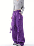 High Waist Casual Sports Trouser, Loose Fit Flap Pockets Solid Color Cargo Pants, Women's Activewear