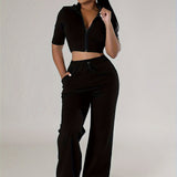 Spring Casual Chic: Durable Half-Sleeve Zip Crop Top & Drawstring Knit Pants - Women's Outfit