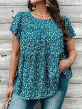 Plus Size Ditsy Floral Peplum Blouse - Elegant Crew Neck, Ruffle Short Sleeves, Pleated, Non-Stretch Polyester, Woven, Random Printing, Perfect for Spring & Summer - Womens Casual Wear