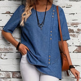 Plain Washed Blue Single-breasted Decor Short Sleeve Asymmetric Hem Elegant Denim Top, Women's Denim Jeans & Clothing