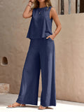 Two-Piece Elegant Outfit Set - Crew Neck Sleeveless Tank Top & Wide Leg Loose Pants - Polyester, Machine Washable, Solid Color, Woven, Spring/Summer Essential for Women