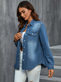 Refined Washed Blue Womens Denim Shirt - Fashionable Flap Pockets, Classic Button Up, Long Sleeves, Stylish Lapel - Premium Denim Top for Versatile Style