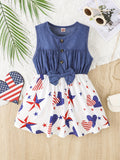 Toddler Girls Festive Denim Dress with Pentagram Stripe Graphic - Adorable Sleeveless Button Bow Design for Independence Day Summer Wear