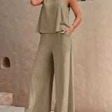 Two-Piece Elegant Outfit Set - Crew Neck Sleeveless Tank Top & Wide Leg Loose Pants - Polyester, Machine Washable, Solid Color, Woven, Spring/Summer Essential for Women