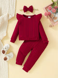 Toddler Baby Girls Cotton Ribbed Flying Sleeve Long Sleeve Top Trousers 2pcs Set, Kids Clothes Autumn And Winter