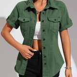 Vintage Denim Shirt - Short Sleeve, Classic Button-Down, Ultra-Casual Retro Style for Women - Perfect for Summer Fashion, Everyday Wear, and Outdoor Activities