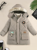 Stylish Boys' Warm Thick Hooded Jacket - Soft Fleece Lining, Zip-Up Closure, Patched Design, Water-Resistant, Windproof, and Breathable - Perfect for Winter Outdoor Activities, As a Thoughtful Gift