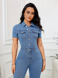 Plain Washed Blue Skinny Fit Short Sleeve Single-breasted Denim Overalls Jumpsuit, Women's Denim Jeans & Clothing