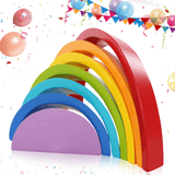 elvesmall KINGSO Wooden Rainbow Toys 7Pcs Rainbow Stacker Educational Learning Toy Puzzles Colorful Building Blocks for Kids Baby Toddlers