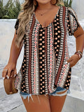 Plus Size Tribal Floral Print V Neck Short Sleeve Blouse - Soft Slight Stretch Polyester Fabric, Casual Middle East Style Shirting for Spring, Summer, and Fall - Womens Comfortable Woven Shirt for Everyday Wear