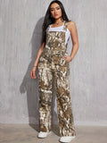 Women's Camouflage Print Denim Overalls, Fashion Denim Jumpsuit With Pockets, Sleeveless, Casual Style