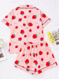 Strawberry Print Short Sleeve Pajama Set for Women - Soft Micro Elasticity Polyester Fabric, Cute Lapel Collar, Random Printing, Machine Washable, All-Season Sleepwear - Comfortable and Adorable Fruit Patterned PJs for a Relaxing Nights Sleep