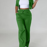 Spring Casual Chic: Durable Half-Sleeve Zip Crop Top & Drawstring Knit Pants - Women's Outfit