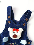 Toddler Boys' Cotton Denim Overalls, Casual Style, Cute Cartoon Bear Design, Adjustable Straps, Button-Down Front, Blue Jean Jumpsuit With Striped Cuffs