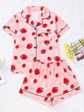 Strawberry Print Short Sleeve Pajama Set for Women - Soft Micro Elasticity Polyester Fabric, Cute Lapel Collar, Random Printing, Machine Washable, All-Season Sleepwear - Comfortable and Adorable Fruit Patterned PJs for a Relaxing Nights Sleep