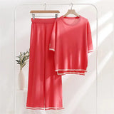 Two Piece Set Elegant Pants Sets Ice Knitted Summer Outfits For Women Short Sleeve Pajama Suit 240412