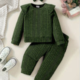 Toddler Baby Girls Cotton Ribbed Flying Sleeve Long Sleeve Top Trousers 2pcs Set, Kids Clothes Autumn And Winter