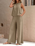 Two-Piece Elegant Outfit Set - Crew Neck Sleeveless Tank Top & Wide Leg Loose Pants - Polyester, Machine Washable, Solid Color, Woven, Spring/Summer Essential for Women