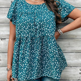 Plus Size Ditsy Floral Peplum Blouse - Elegant Crew Neck, Ruffle Short Sleeves, Pleated, Non-Stretch Polyester, Woven, Random Printing, Perfect for Spring & Summer - Womens Casual Wear