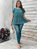 Plus Size Ditsy Floral Peplum Blouse - Elegant Crew Neck, Ruffle Short Sleeves, Pleated, Non-Stretch Polyester, Woven, Random Printing, Perfect for Spring & Summer - Womens Casual Wear