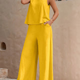 Two-Piece Elegant Outfit Set - Crew Neck Sleeveless Tank Top & Wide Leg Loose Pants - Polyester, Machine Washable, Solid Color, Woven, Spring/Summer Essential for Women