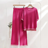 Two Piece Set Elegant Pants Sets Ice Knitted Summer Outfits For Women Short Sleeve Pajama Suit 240412