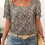 Plus Size Floral Print Blouse - Classic Square Neckline, Comfortable Short Sleeves, Elegant Design - Perfect for Spring and Summer, Womens Curvy Fashion Clothing for Everyday Wear