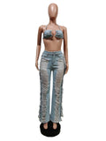 Two Piece Dress Echoine New Sexy Denim Two Piece Set Lace Up Ring Bra Top Hollow Out Hole Tassel Jeans Summer Party Night Clubwear Outfits T230113