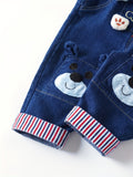 Toddler Boys' Cotton Denim Overalls, Casual Style, Cute Cartoon Bear Design, Adjustable Straps, Button-Down Front, Blue Jean Jumpsuit With Striped Cuffs