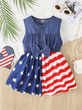 Toddler Girls Festive Denim Dress with Pentagram Stripe Graphic - Adorable Sleeveless Button Bow Design for Independence Day Summer Wear