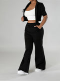 Spring Casual Chic: Durable Half-Sleeve Zip Crop Top & Drawstring Knit Pants - Women's Outfit