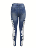 Hollow Out Lace Contrast Jeans, Elegant Fairy Core Skinny Fit Denim Pants, Women's Denim Jeans & Clothing