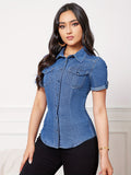 Vintage Denim Shirt - Short Sleeve, Classic Button-Down, Ultra-Casual Retro Style for Women - Perfect for Summer Fashion, Everyday Wear, and Outdoor Activities