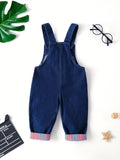 Toddler Boys' Cotton Denim Overalls, Casual Style, Cute Cartoon Bear Design, Adjustable Straps, Button-Down Front, Blue Jean Jumpsuit With Striped Cuffs