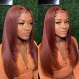 Reddish Brown Lace Front Human Hair Pre Plucked Dark Red Brown Bone Straight 13x4 13x6 HD Lace Frontal Wig on Sale Clearance