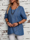 Plain Washed Blue Single-breasted Decor Short Sleeve Asymmetric Hem Elegant Denim Top, Women's Denim Jeans & Clothing