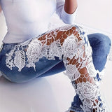 Hollow Out Lace Contrast Jeans, Elegant Fairy Core Skinny Fit Denim Pants, Women's Denim Jeans & Clothing