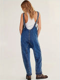 Plain Washed Loose Fit Adjustable Strap Patch Pocket Casual Hip Hop Denim Overall Dungarees, Women's Denim Jeans & Clothing