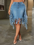 Sexy Denim Skirt - Trendy Fringe Hem, Distressed Washed Blue, Stylish Slash Pocket, Premium Denim Material - Perfect for Music Festival and Party Occasions, Designed for Fashionable Women who love Denim Jeans and Clothing