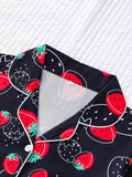 Strawberry Print Short Sleeve Pajama Set for Women - Soft Micro Elasticity Polyester Fabric, Cute Lapel Collar, Random Printing, Machine Washable, All-Season Sleepwear - Comfortable and Adorable Fruit Patterned PJs for a Relaxing Nights Sleep