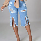 High-Stretch Womens Bermuda Denim Midi Shorts - Distressed Raw Fringe Hem, Ripped Split Details, Fashionable Summer Jeans Wear with Tassel Accents - Solid Color, No Printing, Casual Style, Woven Fabric