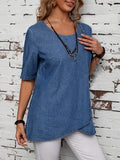 Plain Washed Blue Single-breasted Decor Short Sleeve Asymmetric Hem Elegant Denim Top, Women's Denim Jeans & Clothing